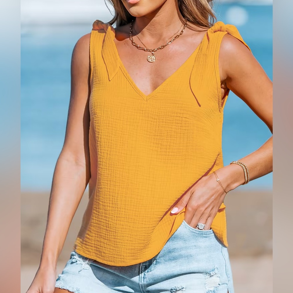 Cupshe XL Mustard Tie-Shoulder V-Neck Tank Top